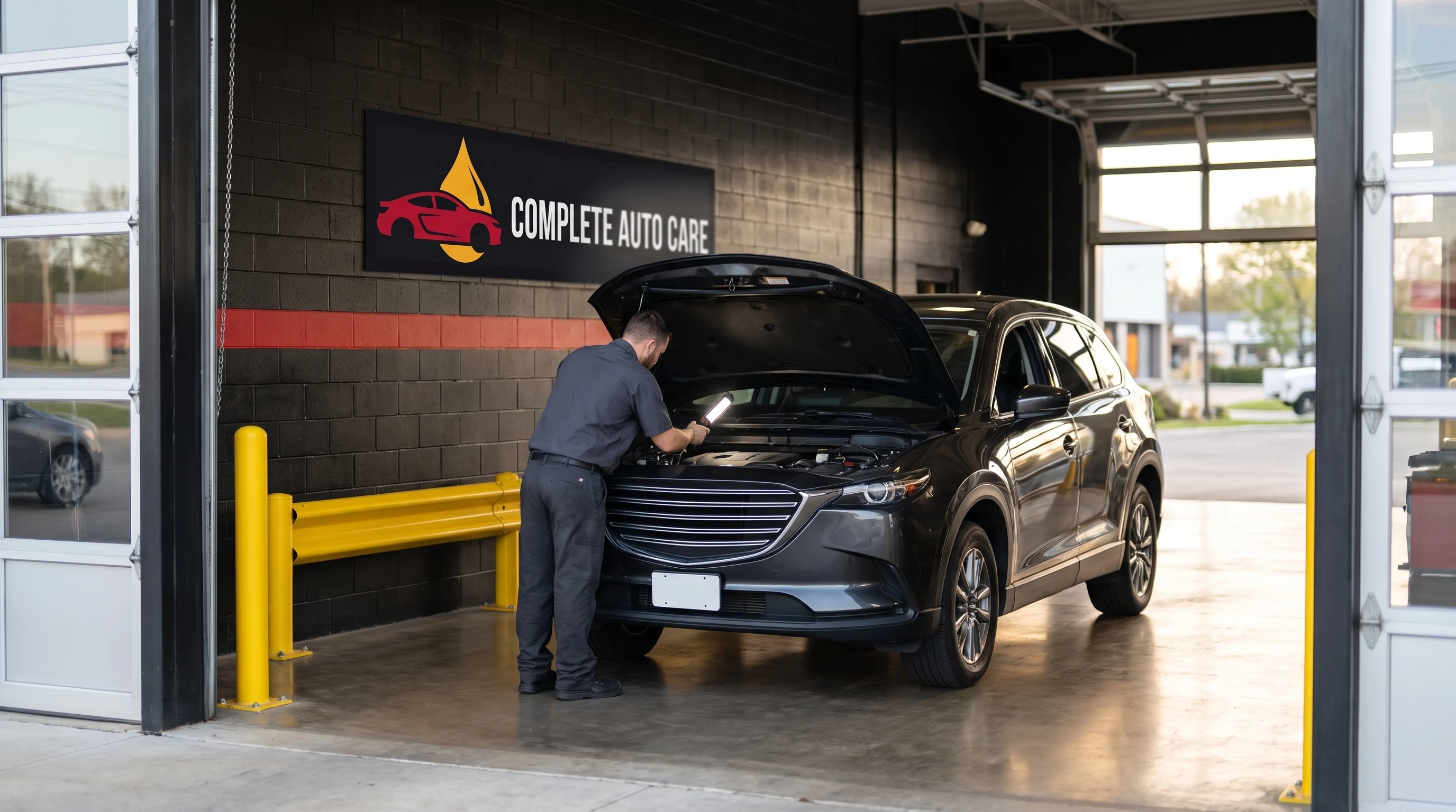 A Complete Auto Care technician inspecting an engine bay with a work light