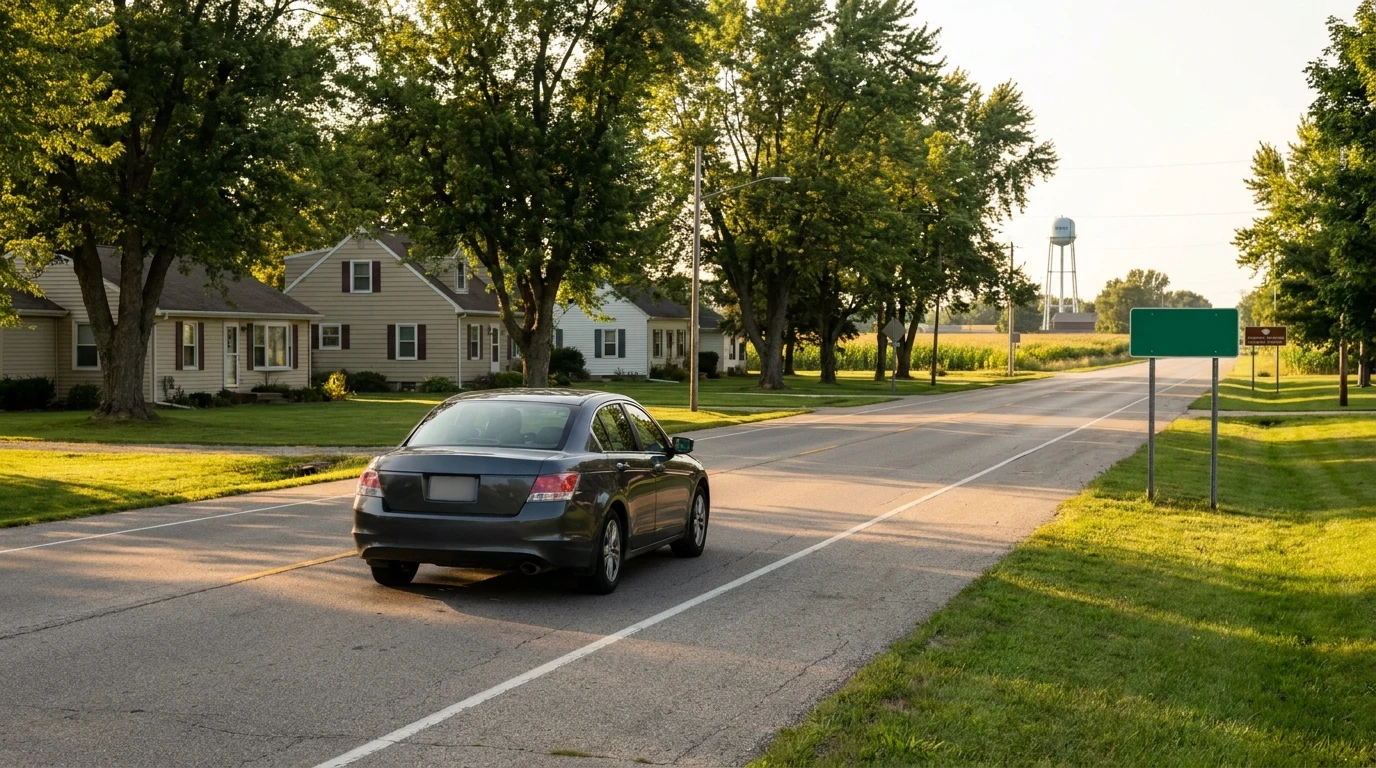 A quiet road leading into Blue Grass, IA