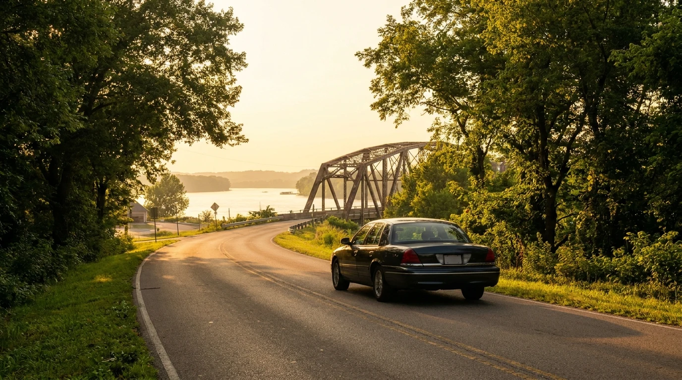 A quiet road leading into Burlington, IA