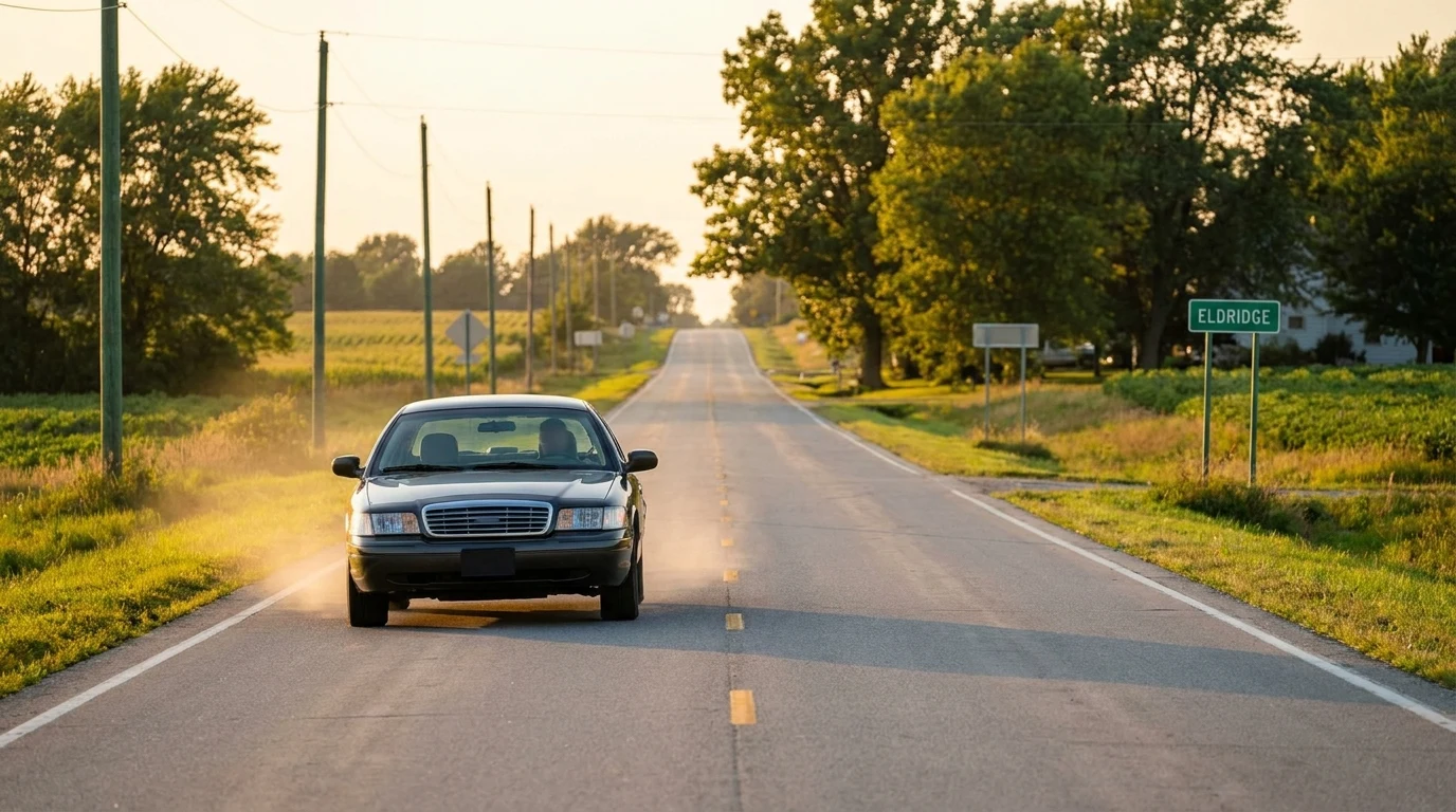 A quiet road leading into Eldridge, IA