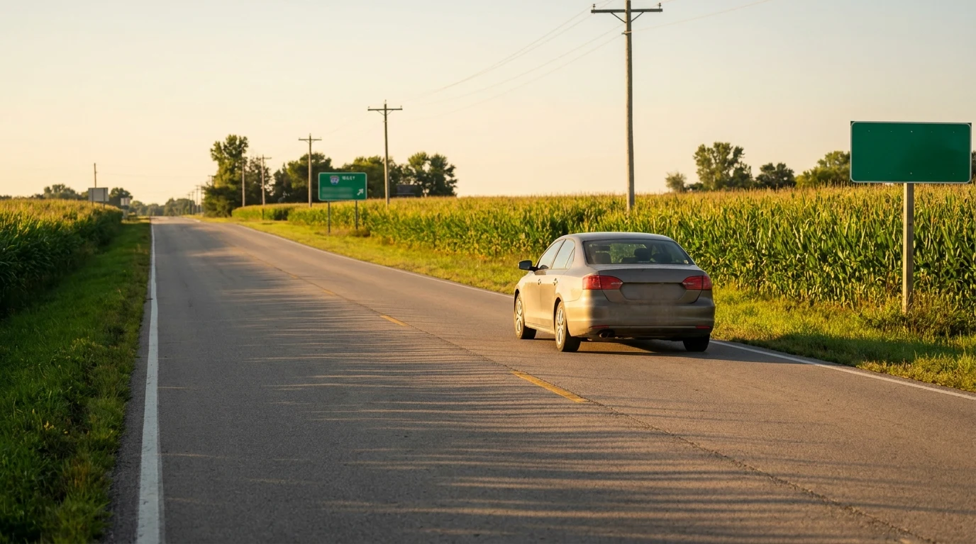 A quiet road leading into Walcott, IA