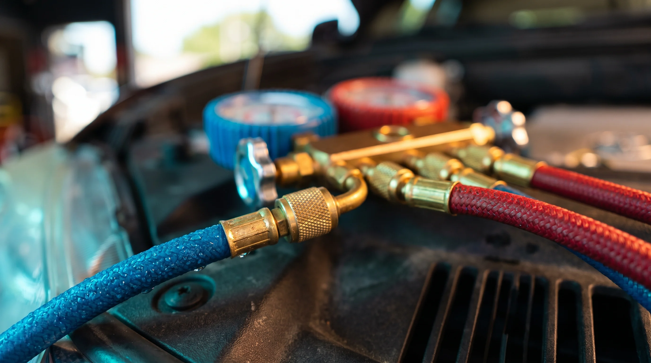 Air-conditioning manifold gauges connected to a car service port
