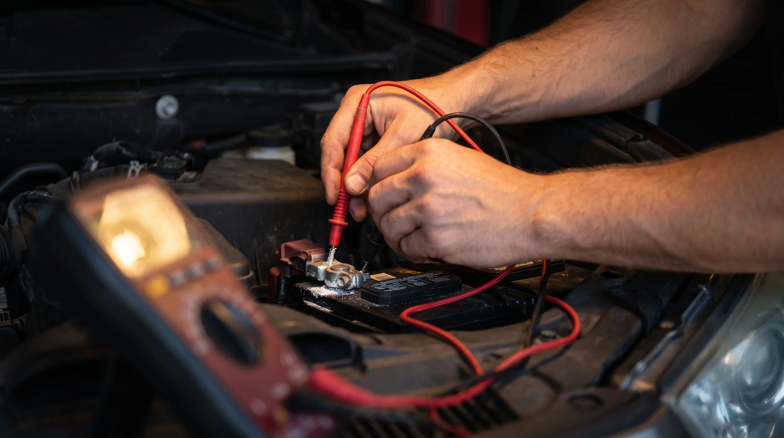 A technician testing a car battery with a multimeter