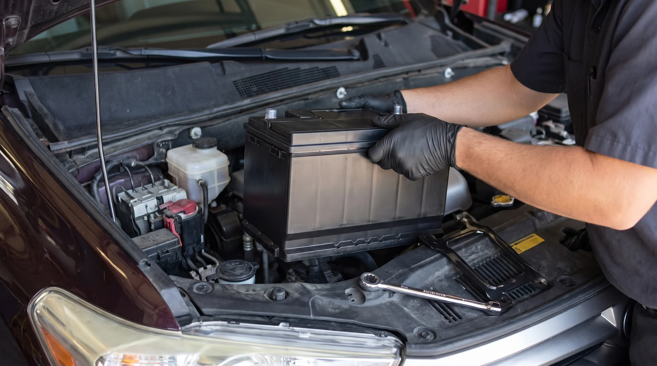 A technician fitting a new battery into an engine bay