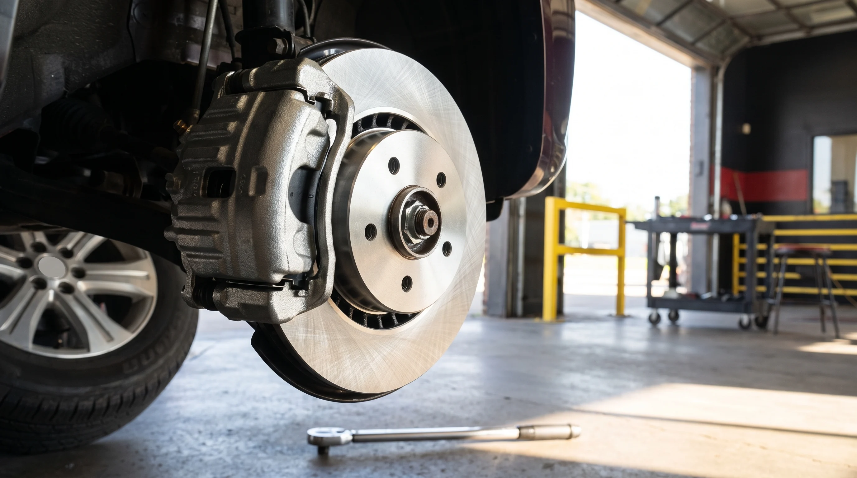 A new brake rotor and caliper fitted to a wheel hub