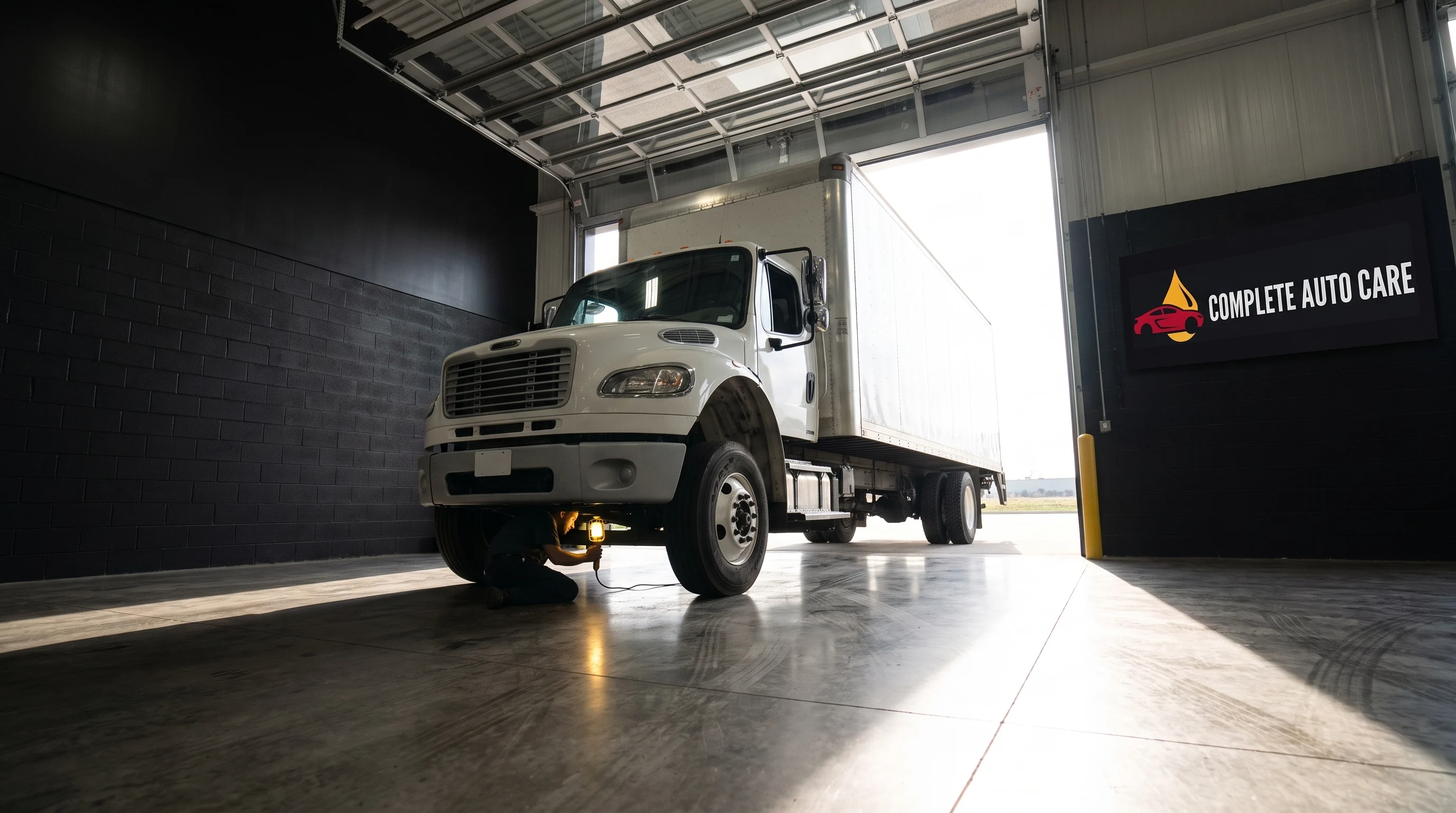 A box truck in the service bay with a technician working underneath