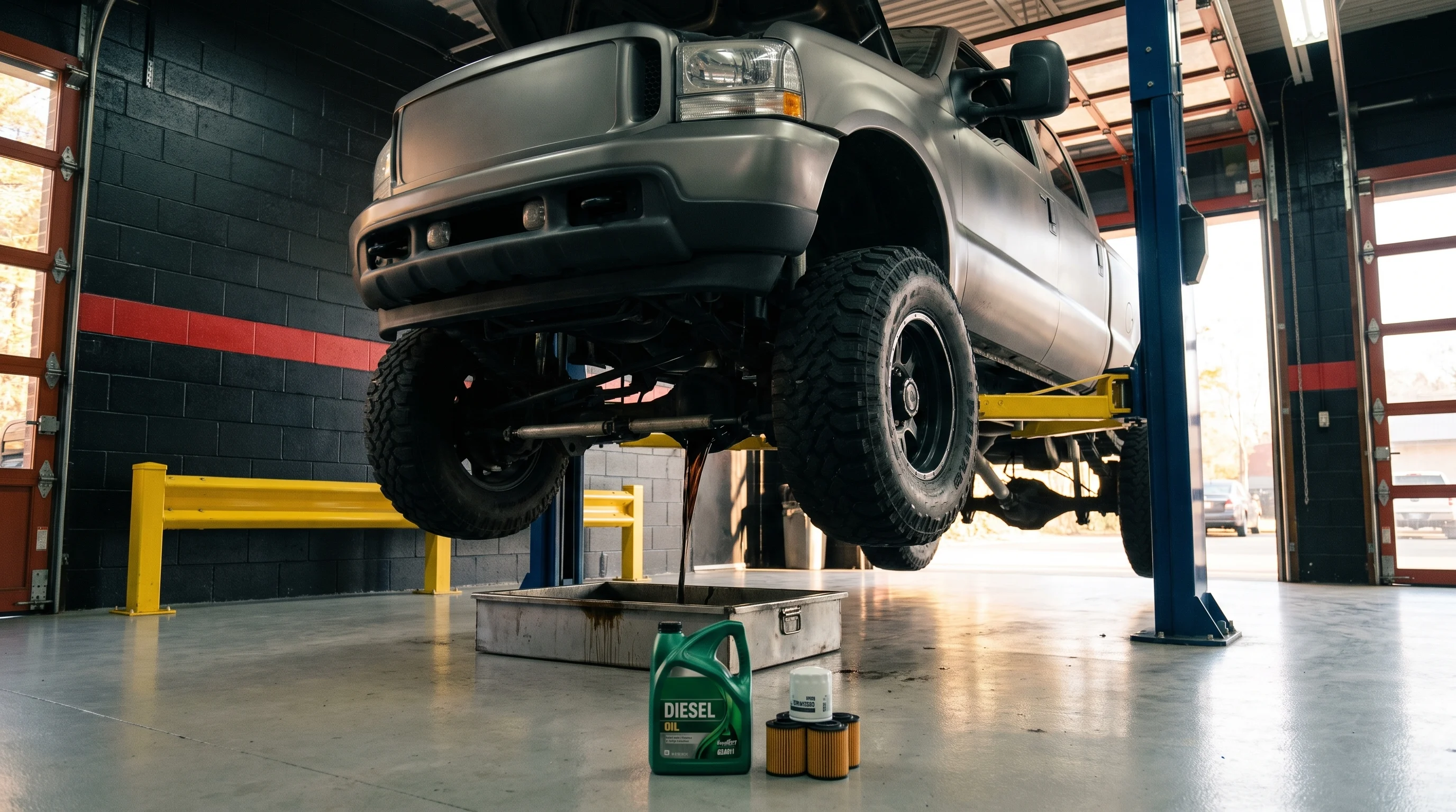 A diesel pickup raised on the lift for an oil change