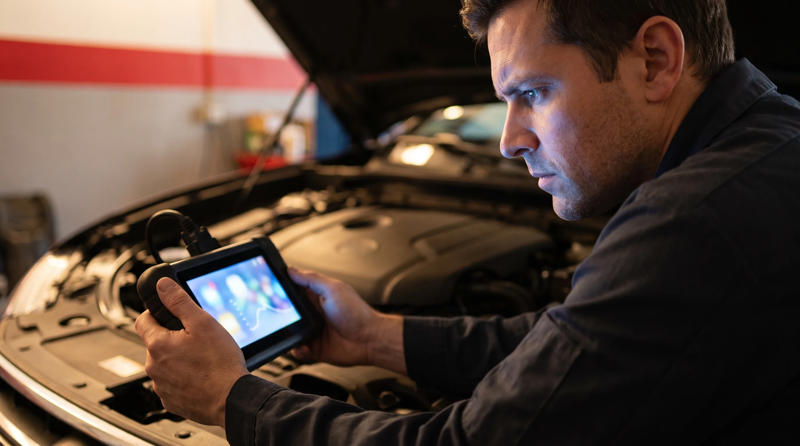 A technician reading a diagnostic scanner at an open engine bay