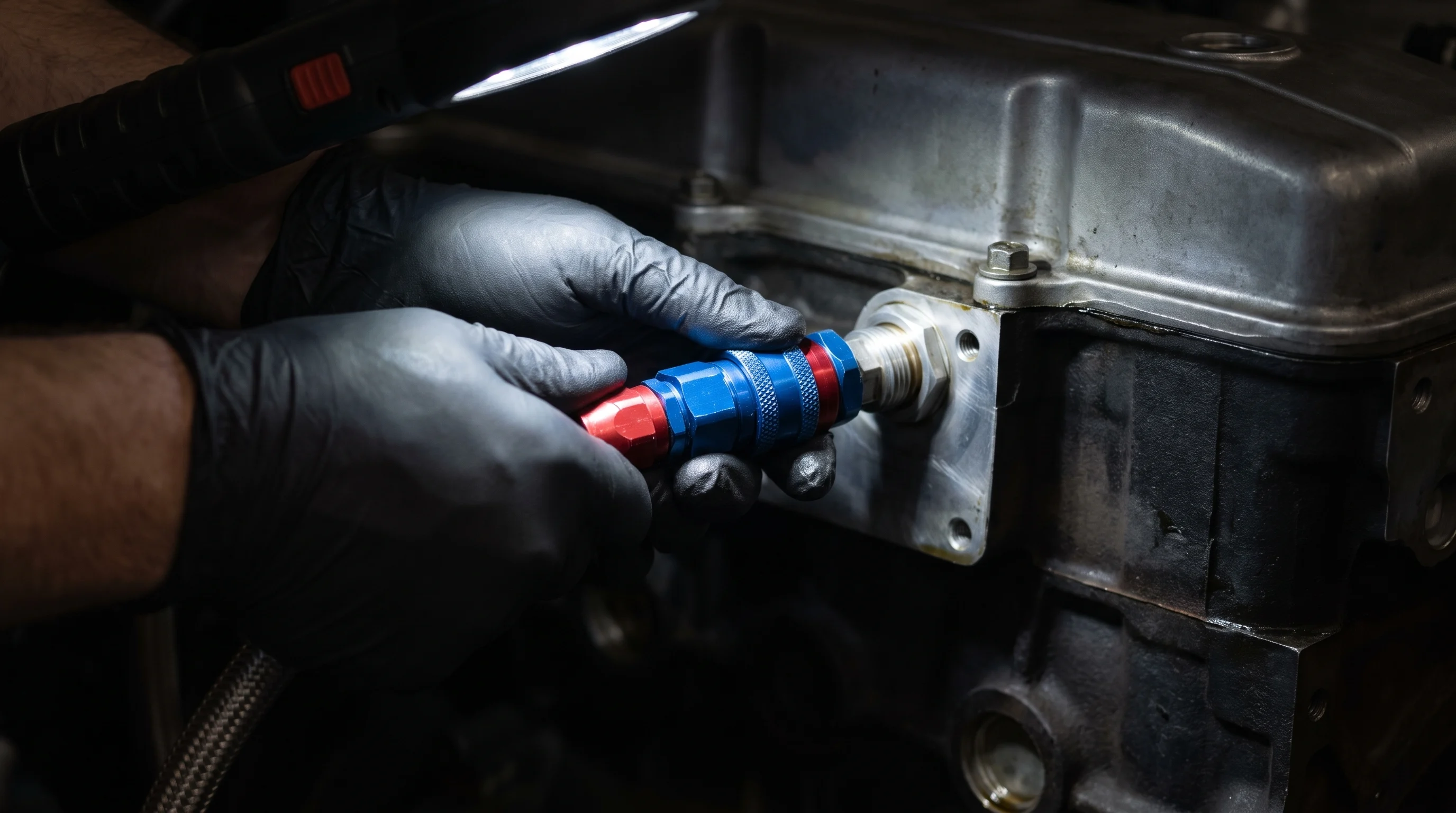 A technician connecting engine-flush equipment to an engine
