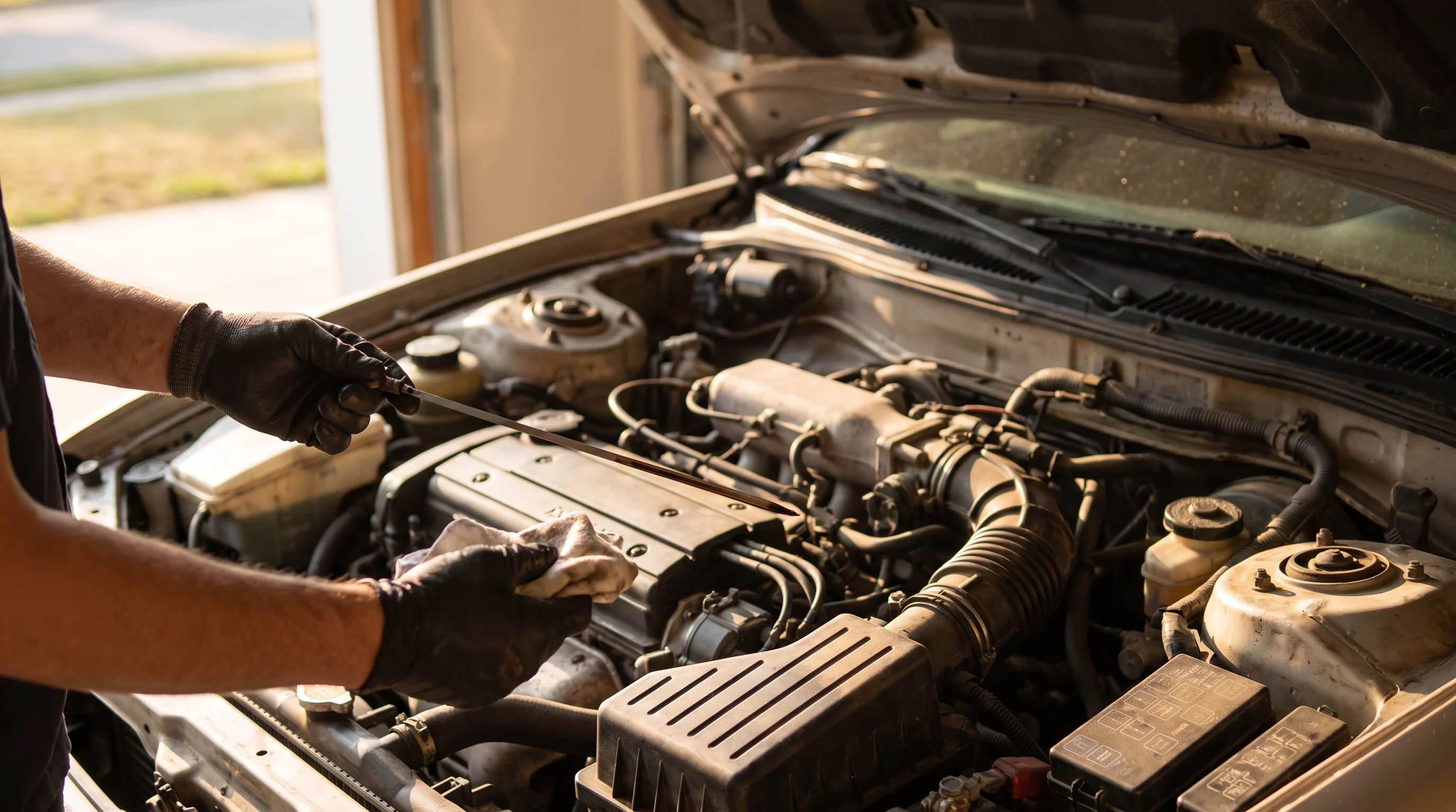A technician checking the dipstick on a high-mileage engine