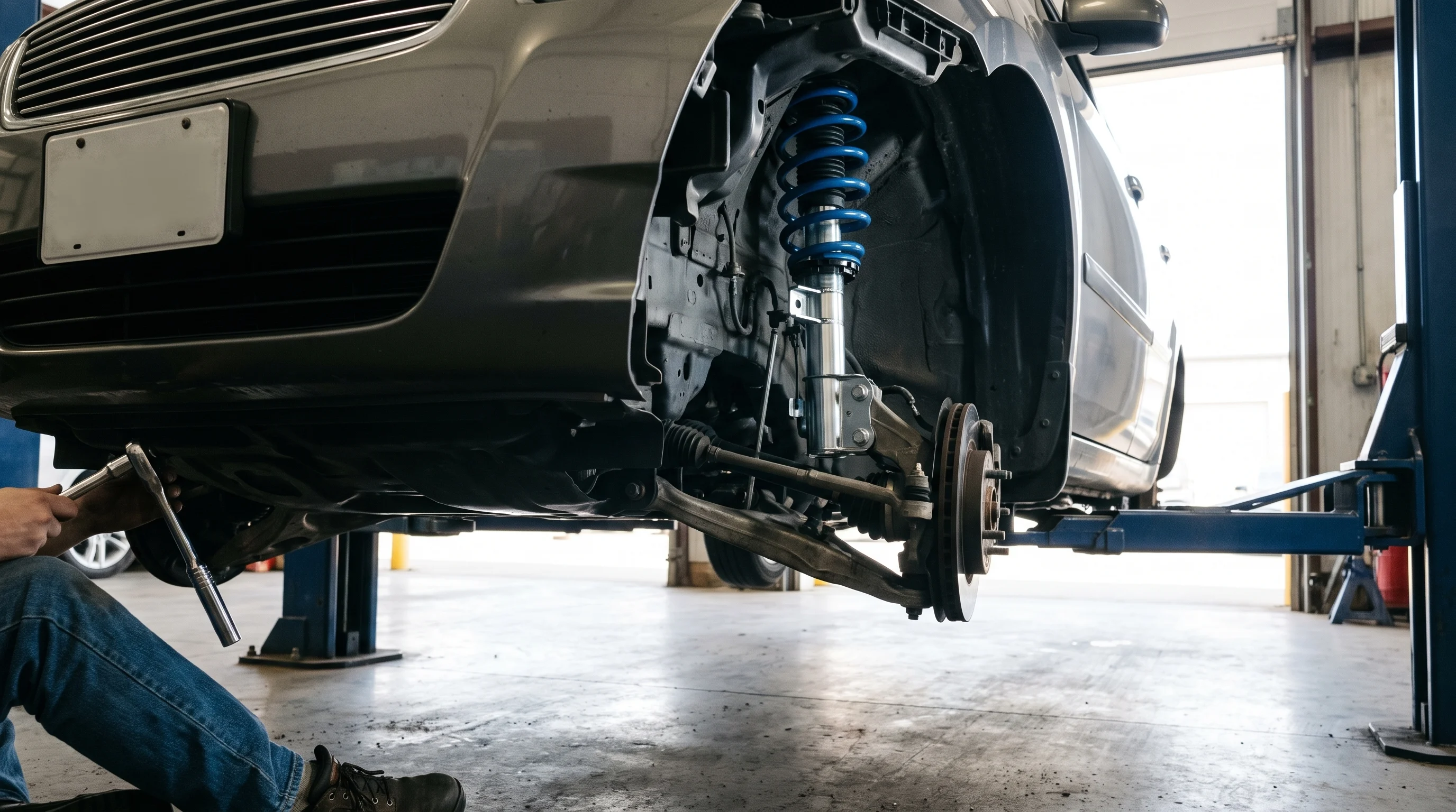 A new strut assembly being fitted to a car on the lift