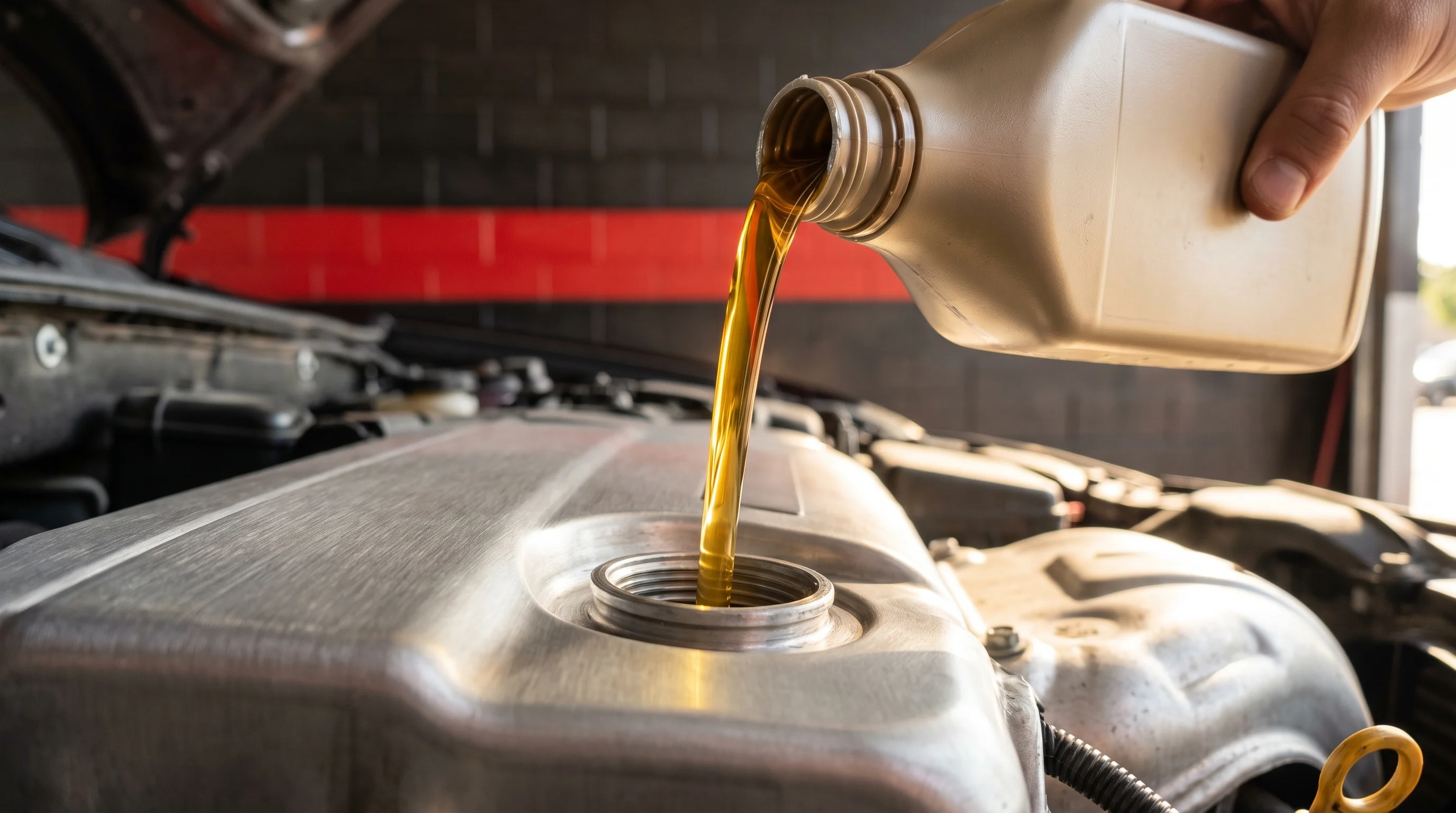 Fresh synthetic oil pouring into an engine