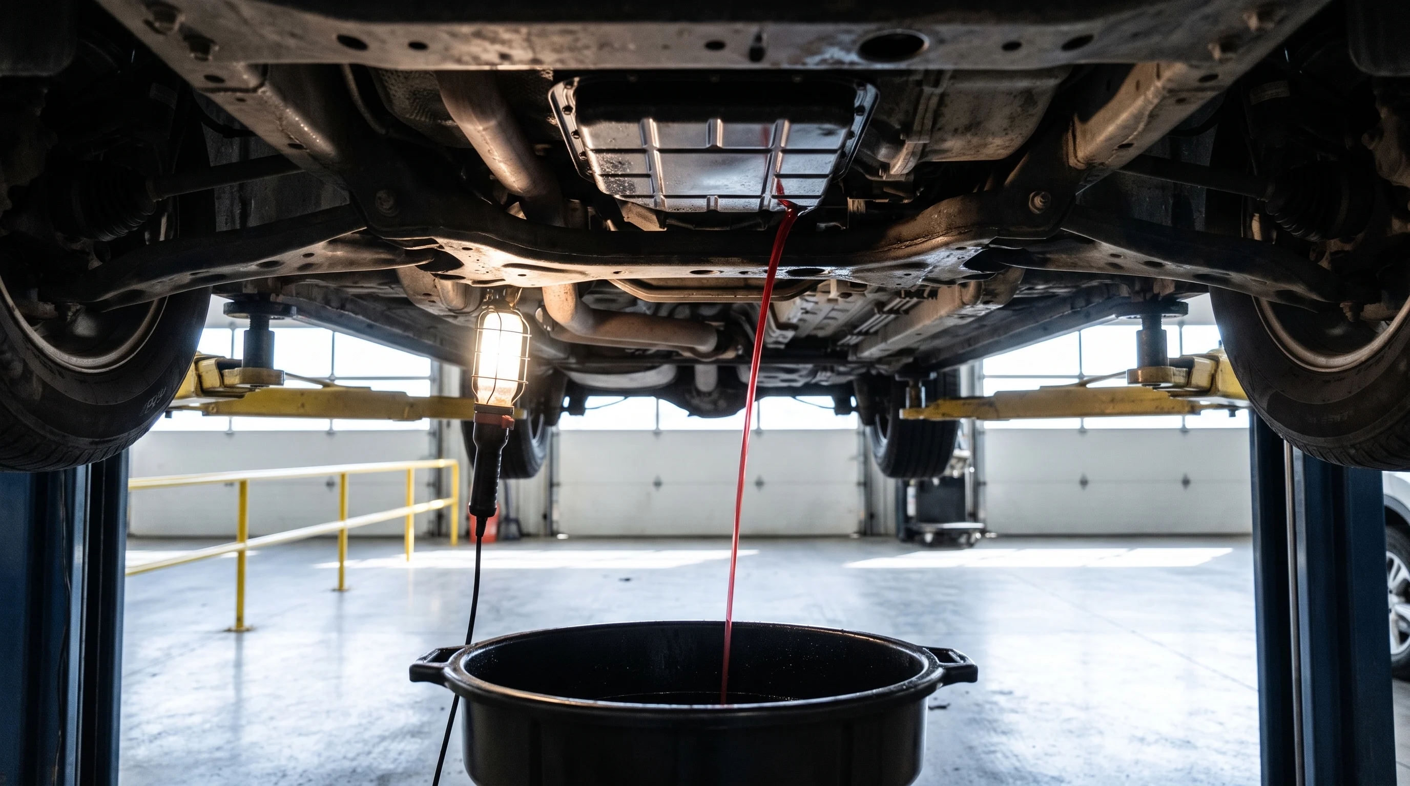 Transmission fluid draining from a car raised on the lift