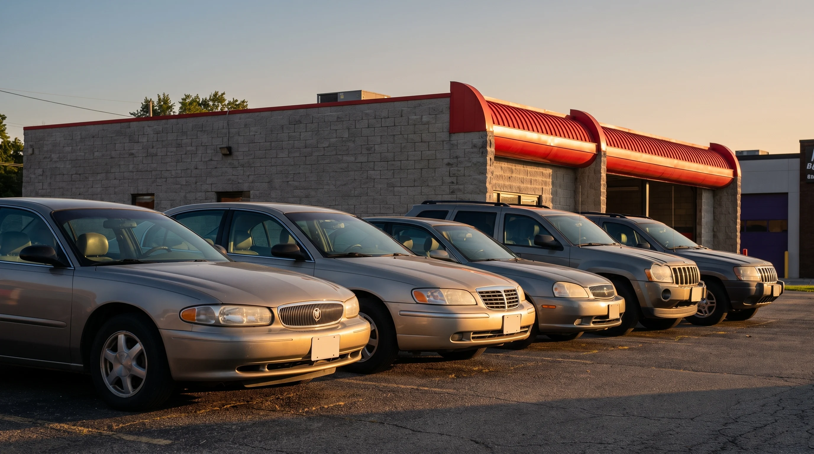 A row of used cars on the Complete Auto Care lot at golden hour